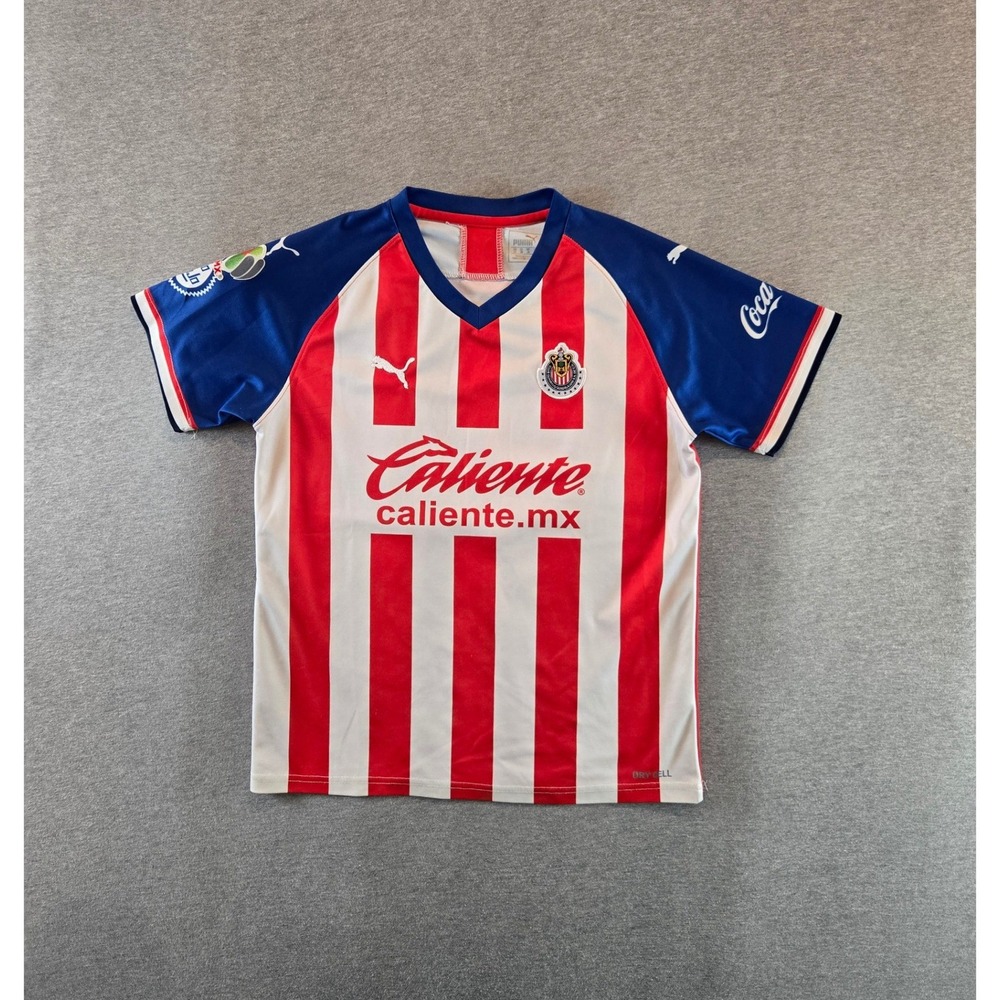 Puma Chivas Jersey Youth L Red White 2023/24 Jesus Brigido 32 Soccer Shirt